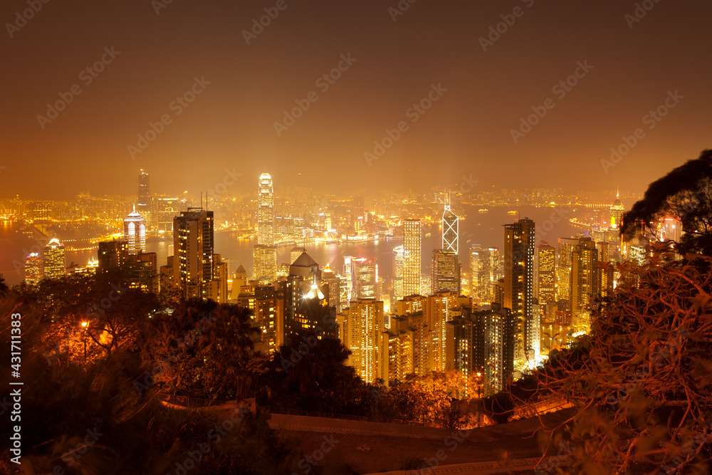 Fototapeta premium Panoramic view of Hong Kong bay at night, Hong Kong, China