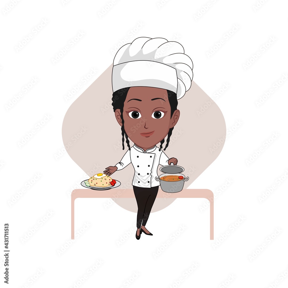 Caricature cartoon of a black chef girl in a chef uniform and holding a