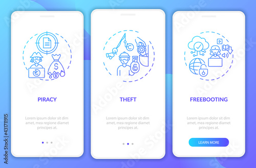 Copyright infringement types onboarding mobile app page screen with concepts. Freebooting, thief walkthrough 3 steps graphic instructions. UI, UX, GUI vector template with linear color illustrations
