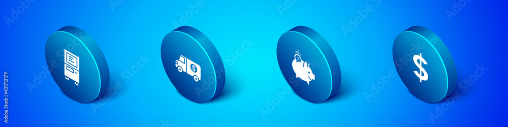 Set Isometric ATM, Piggy bank with coin, Dollar symbol and Armored truck icon. Vector Set Isometric ATM, Piggy bank with coin, Dollar symbol and Armored truck icon. Vector