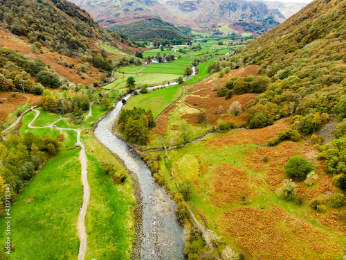 Aerial view of Stonethwaite Beck, a small river formed at the confluence of Langstrath Beck and Greenup Gill beneath Eagle Crag. photo