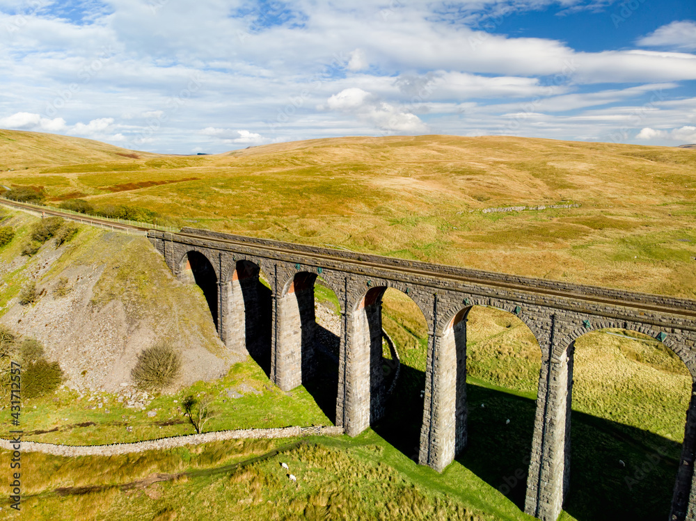 Aerial view of Ribblehead viaduct, located in North Yorkshire, the longest and the third tallest structure on the Settle-Carlisle line.