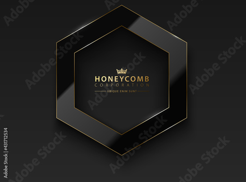 Vector black hexagon. Glossy luxury dark and golden line frame. Honeycomb shape border for photo, picture, congratulations, logo header. Realistic glass frame, reflection gold edge black background