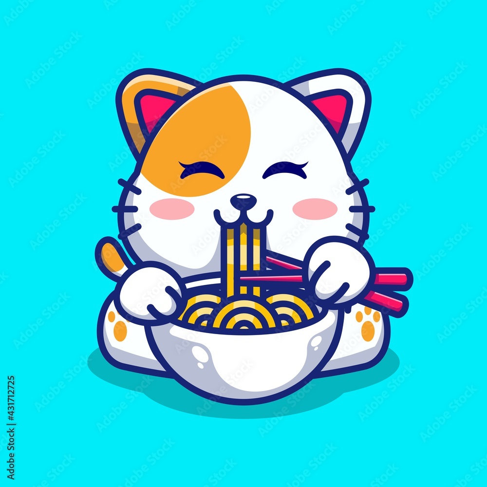 Cute cat eating ramen with chopstick cartoon