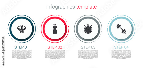 Set Bodybuilder muscle, Fitness shaker, Stopwatch and Dumbbell. Business infographic template. Vector
