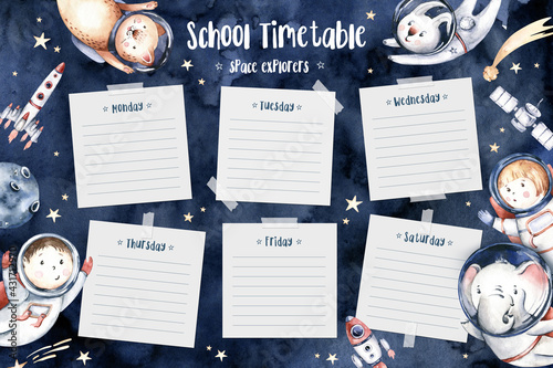 Scool timetable. Astronaut baby boy girl elephant, fox cat and bunny, space suit, cosmonaut stars, planet, moon, rocket and shuttle isolated watercolor space ship illustration  photo