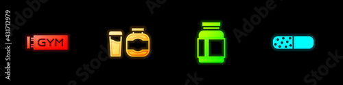 Set Location gym, Sports nutrition, and Vitamin pill icon. Vector