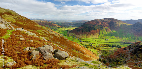 Scenic view of Great Langdale valley in the Lake District  famous for its glacial ribbon lakes and rugged mountains. Popular vacation destination in Cumbria  North West England.