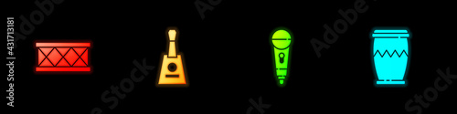 Set Drum, Balalaika, Microphone and icon. Vector