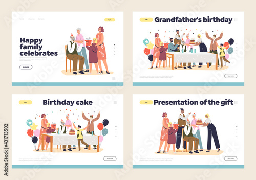 Grandfather birthday family celebration with relatives gather, cake and gifts set of landing pages