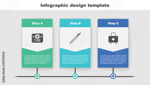 Set Fire alarm system, Metal pike pole and First aid kit. Business infographic template. Vector