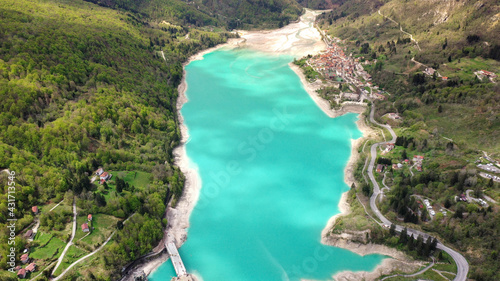 Photos Barcis Lake in a panoramic aerial view from above during sunny day at Valcellina