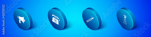 Set Isometric Megaphone, Metal pike pole, Fire sprinkler and Telephone call 911 icon. Vector