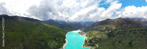 Obraz na płótnie Barcis Lake in a panoramic aerial view from above during sunny day at Valcellina