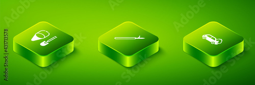 Set Isometric Metal pike pole, Burning car and Fire shovel and bucket icon. Vector