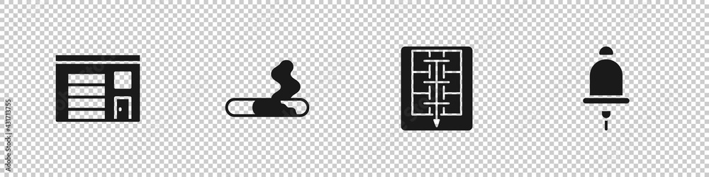 Set Building of fire station, Cigarette, Evacuation plan and Ringing alarm bell icon. Vector Set Building of fire station, Cigarette, Evacuation plan and Ringing alarm bell icon. Vector