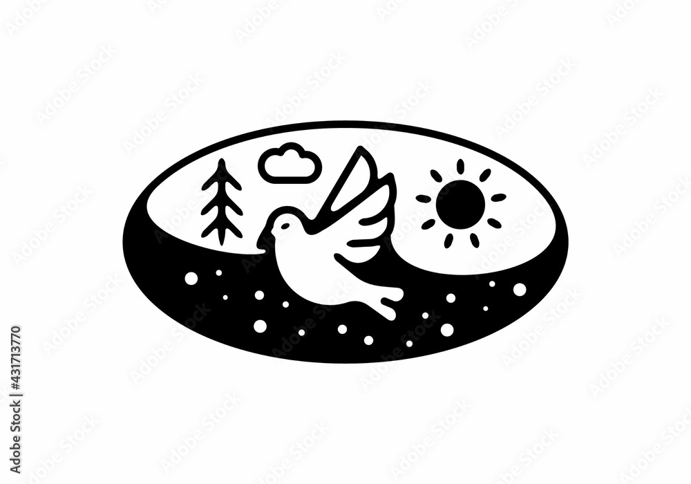 Black line art illustration of bird in oval shape Black line art illustration of bird in oval shape
