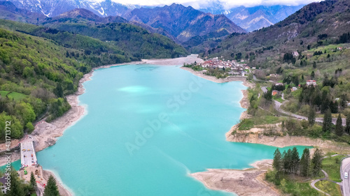 Barcis Lake in a panoramic aerial view from above during sunny day at Valcellina © Sebàstian