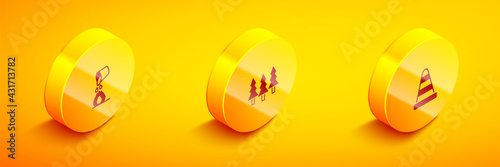 Set Isometric Bucket extinguishing fire, Forest and Traffic cone icon. Vector