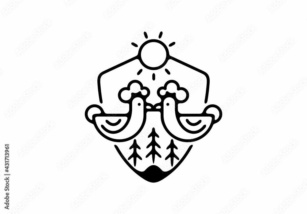 Black line art illustration of hen in shield shape