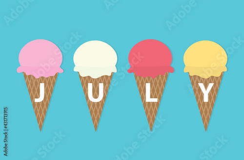 july word written on ice cream cones- vector illustration