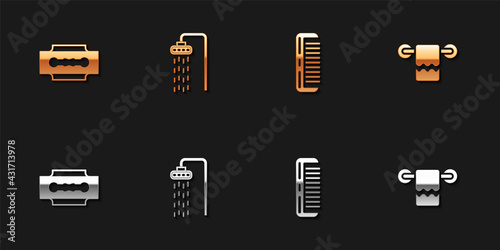 Set Blade razor, Shower, Hairbrush and Towel on hanger icon. Vector