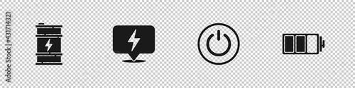 Set Bio fuel barrel, Lightning bolt, Power button and Battery icon. Vector