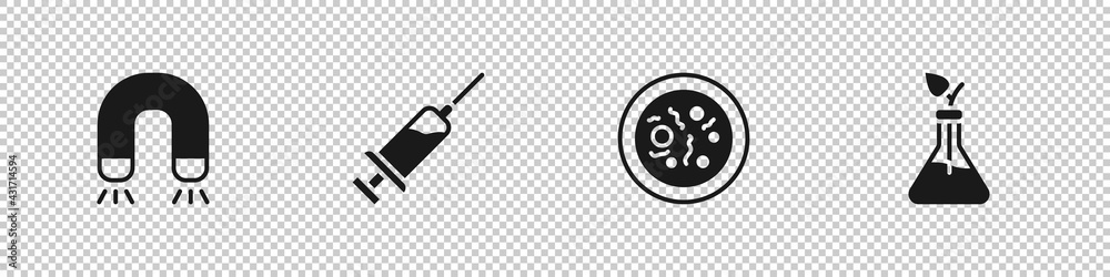 Set Magnet, Syringe, Petri dish with bacteria and Plant breeding icon. Vector Set Magnet, Syringe, Petri dish with bacteria and Plant breeding icon. Vector
