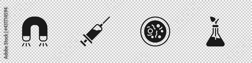 Set Magnet, Syringe, Petri dish with bacteria and Plant breeding icon. Vector