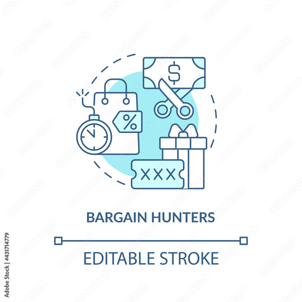 Bargain hunters concept icon. Internet consumer behavior idea thin line illustration. Making impulse purchase. Free sample, discount. Vector isolated outline RGB color drawing. Editable stroke Bargain hunters concept icon. Internet consumer behavior idea thin line illustration. Making impulse purchase. Free sample, discount. Vector isolated outline RGB color drawing. Editable stroke