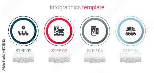 Set Waiting room, Vintage locomotive, Toilet the train car and Cargo wagon. Business infographic template. Vector