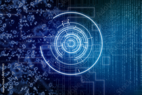 Blue digital futuristic circle on dark blue background. Technology wallpapr with binary code.