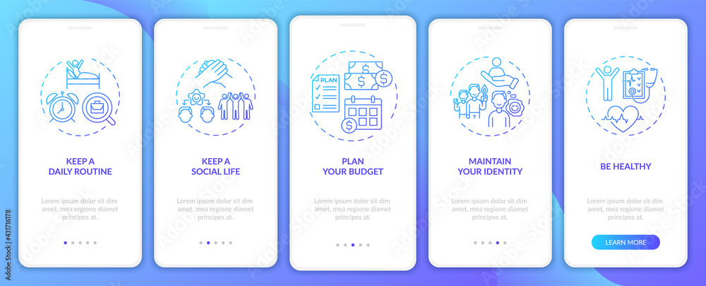Job transition tips onboarding mobile app page screen with concepts. Future organise tips walkthrough 5 steps graphic instructions. UI, UX, GUI vector template with linear blue gradient illustrations