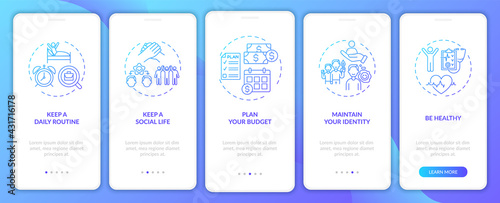 Job transition tips onboarding mobile app page screen with concepts. Future organise tips walkthrough 5 steps graphic instructions. UI, UX, GUI vector template with linear blue gradient illustrations
