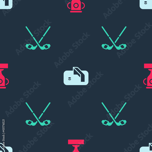 Set Award cup, Ice hockey goal and sticks on seamless pattern. Vector