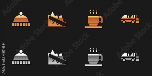 Set Winter hat, Mountain descent, Hot chocolate cup and Ice resurfacer icon. Vector