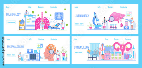 Pulmonologist, phthisiologis, gynecologist concept vector for medical landing page. Liver biopsy illustration. Encephalogram, neurosurgeon concept vector. Neurologist treat brain. Neurology,