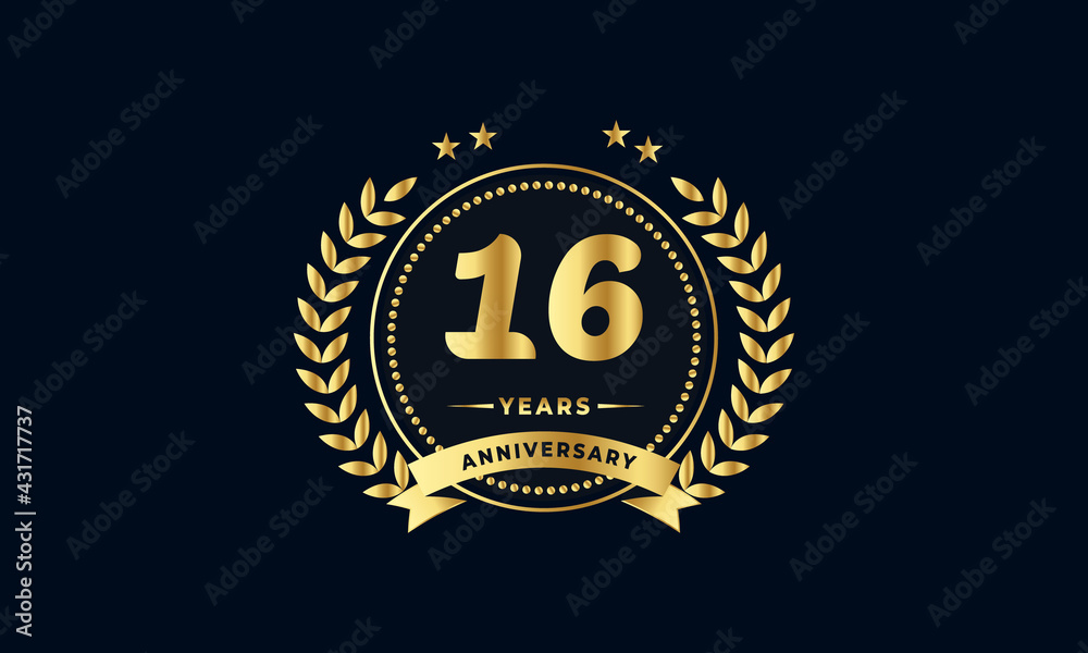 Fototapeta premium 16th golden anniversary logo, with shiny ring and golden ribbon, laurel wreath isolated on navy blue background