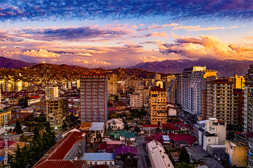 Batumi, Georgia - May 3, 2021: Beautiful aerial view of the city during sunset