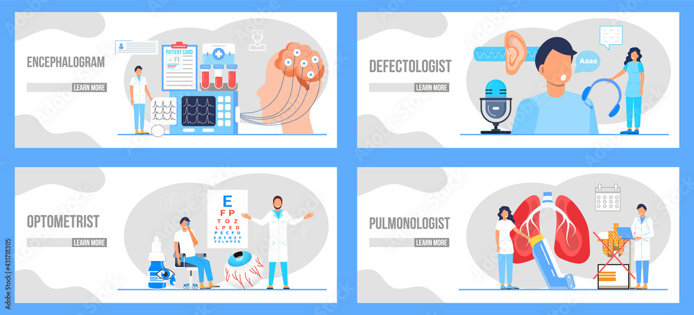 Pulmonologist, phthisiologist concept vector for the landing page, blog. Treatment of the prostate in the clinic, surgically. Medical ophthalmologist eyesight check up. Conjunctivitis