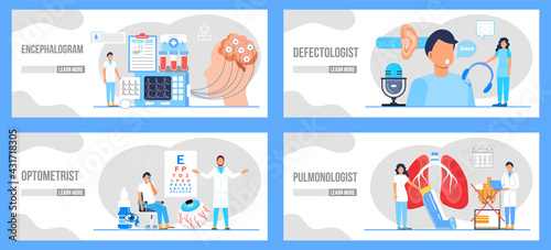 Pulmonologist, phthisiologist concept vector for the landing page, blog. Treatment of the prostate in the clinic, surgically. Medical ophthalmologist eyesight check up. Conjunctivitis