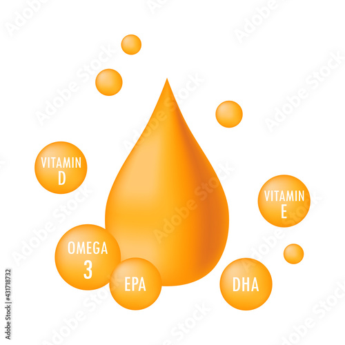 Natural fish, plants oil. Golden drop of fish oil surrounded by spherical drops - components of fish oil. Omega fatty acid, vitamins, EPA, DHA. Nutrient element, isolated stock vector with gradient.