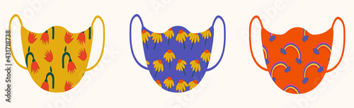 vector elements - patterned medical masks.Protective masks with patterns during the coronavirus.Summer quarantine.Stylish face masks in bright colors.isolated masks for editing characters