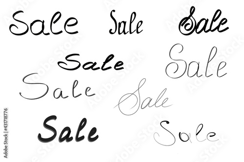 The phrase sale is handwritten in different fonts. Text for creating ads. Element for design. 