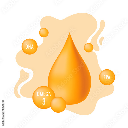 Golden drop of fish oil surrounded by spherical drops - components of fish oil. Nutrient element, isolated stock vector illustration with gradient. Omega fatty acid, EPA, DHA. Natural fish, plants oil