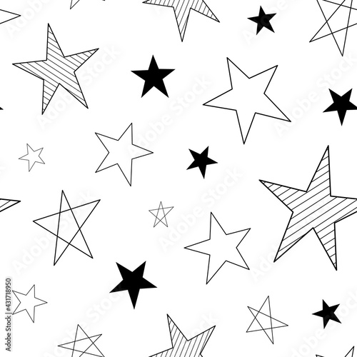 Cute seamless star pattern. Space texture  star background  doodle style  textile and fabric  abstract geometric print. Black stars from lines - with strokes and fills  striped and simple elements