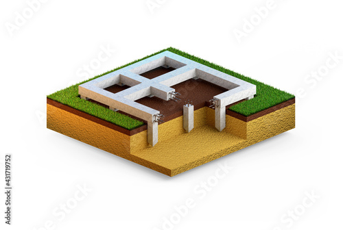 pier and beam foundation, isolated design industrial 3D rendering