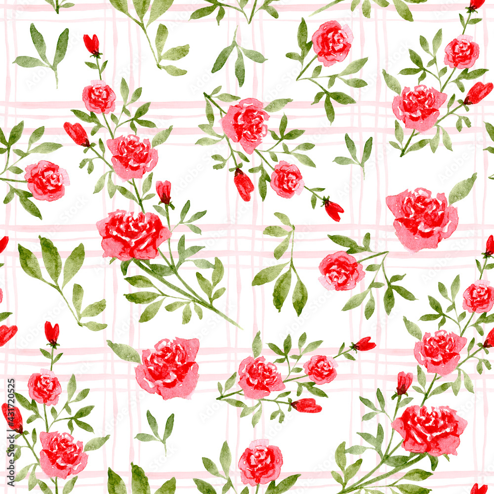 Watercolor seamless pattern with rose flowers. Pattern with flowers and sprigs of roses on a trellis background. Design for textiles, scrapbooking, wrapping paper. Rose branch.