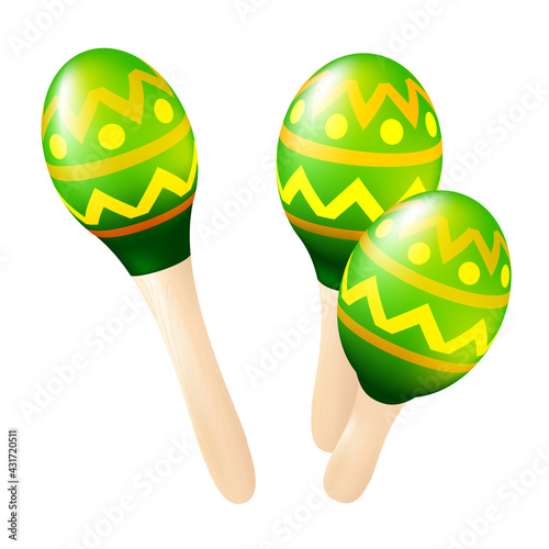 Colorful wooden maracas set. Mexican or Spanish traditional instruments isolated on a white background. Vector illustration
