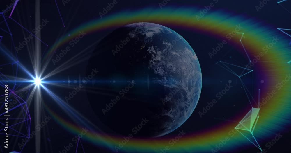 Animation of glowing light and networks of connections over globe on blue background Animation of glowing light and networks of connections over globe on blue background